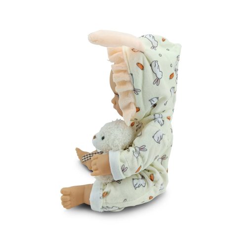 BABA 30cm  újszülött nyusziruhában kismacival SZÜRKE