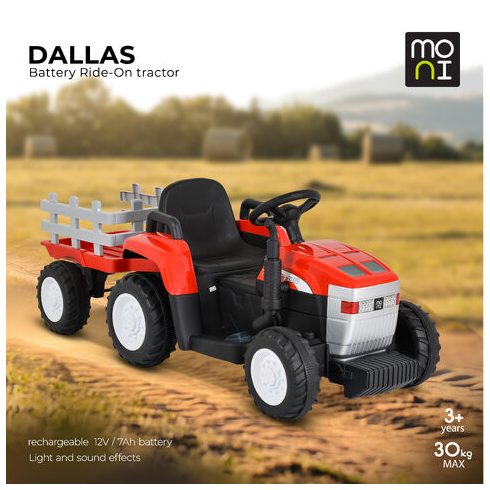BO DALLAS elektromos traktor trélerrel 12V 140cm PIROS