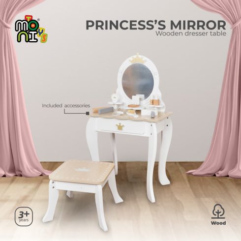 PRINCESS MIRROR fa fésülködő asztal tükörrel, kiegészítőkkel FEHÉR
